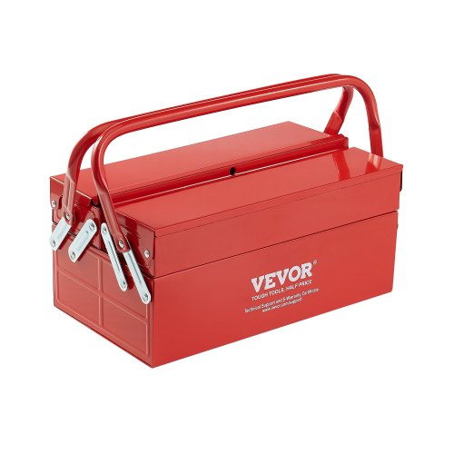 Metal Tool Box, 14-inch, 2-Tier 3-Tray Portable Folding Tool Chest Organizer with Handle & Lock Hole, Powder Coated Steel, Cantilever Toolbox for Household Factory Warehouse Repair Shop, Red