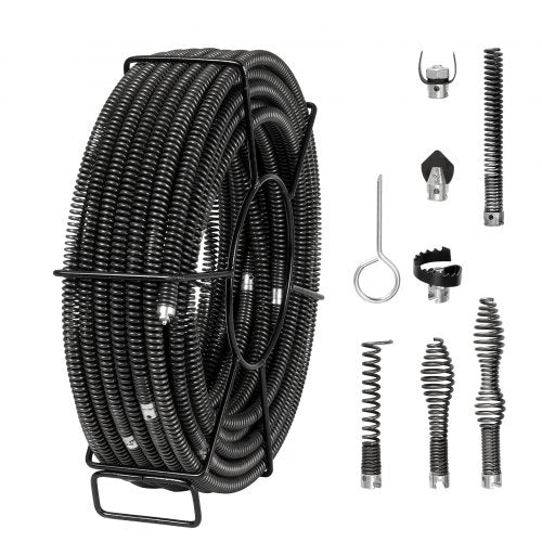 Drain Cleaning Cable 100 FT x 5/8 Inch, Professional Sectional Drain Cleaner Cable with 7 Cutters for 0.8' to 3.9' Pipes, Hollow Core Sewer Drain Auger Cable for Sink, Floor Drain, Toilet