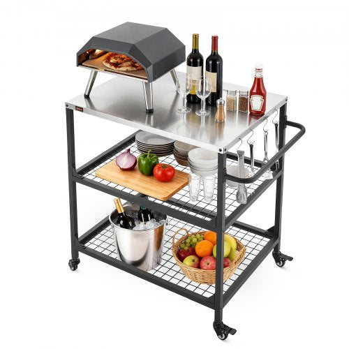 Outdoor Grill Cart, 31.5 x 24.0 inch Stainless Steel Tabletop Size Grilling Table, Outdoor Cooking Table with 4 Wheels & Side Handle, Two Mesh Shelves, BBQ Prep Tables for Patio, Garden