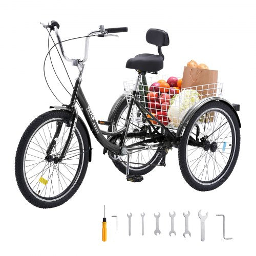 Adult Tricycles Bike, 7 Speed Adult Trikes, 24 Inch Three-Wheeled Bicycles, Carbon Steel Cruiser Bike with Basket and Adjustable Seat, Picnic Shopping Tricycles for Seniors, Women, Men (Black)