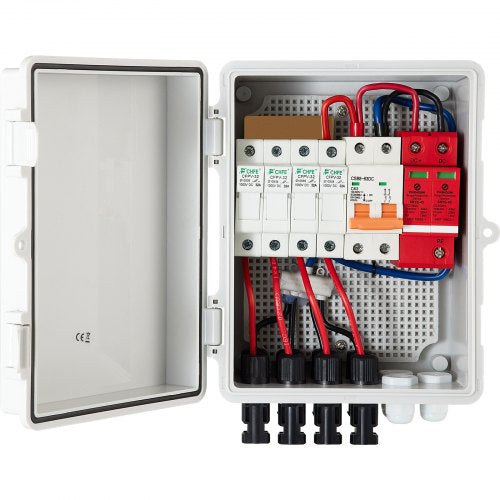 PV Combiner Box, 4 String, Solar Combiner Box with 15A Rated Current Fuse 63A Circuit Breaker Lightning Arrester and Solar Connector, ABS Plastic Case for On / Off Grid Solar Panel System, IP65