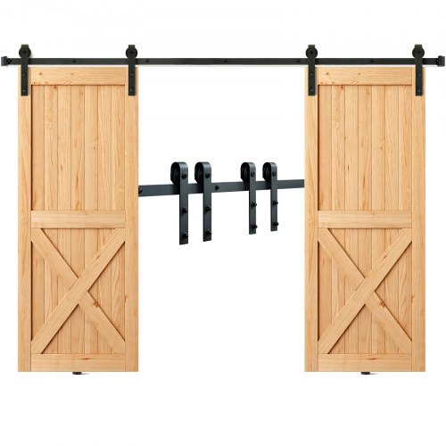8FT Sliding Barn Door Hardware Kit, 330LBS Heavy Duty Barn Door Track Kit for Double Doors, Fit 3.7-4.3FT Total Wide and 1.3'-1.8' Thick 2 Door Panel, with Smooth & Silent Pulley (J Shape)
