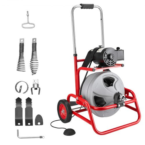 Drain Cleaner Machine 75 FT x 3/8 Inch, Sewer Snake Auger on Wheels, Manual Feed Drain Cleaning Machine with Adjustable Drum Angle, 6 Cutters & Air-activated Foot Switch for 2' to 4' Pipes