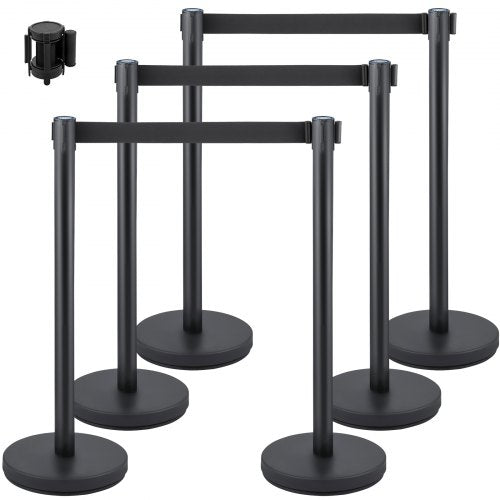 Crowd Control Stanchion, Set of 6 Pieces Stanchion Set, Stanchion Set with 6.6 ft/2 m Black Retractable Belt, Black Crowd Control Barrier with Concrete and Metal Base - Easy Connect Assembly