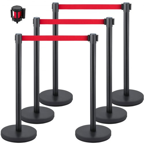 Crowd Control Stanchion, Set of 6 Pieces Stanchion Set, Stanchion Set with 6.6 ft/2 m Red Retractable Belt, Crowd Control Barrier with Rubber Base ¨C Easy Connect Assembly for Crowd Control (Blac