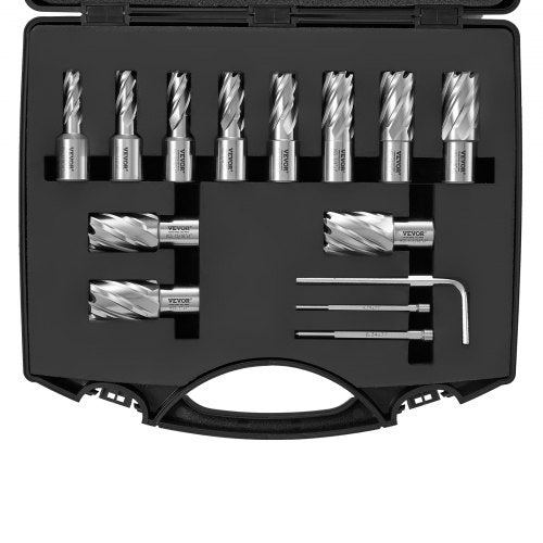 Annular Cutter Set, 13 pcs Weldon Shank Mag Drill Bits, 7/16' to 1-1/16' Cutting Diameter, 1' Cutting Depth, M2AL HSS, 2 Pilot Pins, Hex Wrench and Portable Case, for Using with Magnetic Drills
