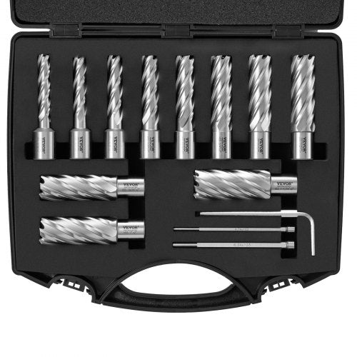 Annular Cutter Set, 13 pcs Weldon Shank Mag Drill Bits, 7/16' to 1-1/16' Cutting Diameter, 2' Cutting Depth, M2AL HSS, with 2 Pilot Pins, Hex Wrench and Portable Case, for Using with Magnetic Dr