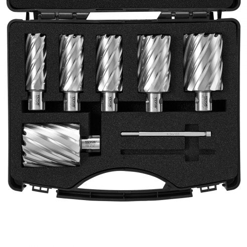 Annular Cutter Set, 6 pcs Universal Shank Mag Drill Bits, 1' to 2' Cutting Diameter, 2' Cutting Depth, M2AL High-Speed Steel, with 2 Pilot Pins and Portable Case, for Using with Magnetic Drills