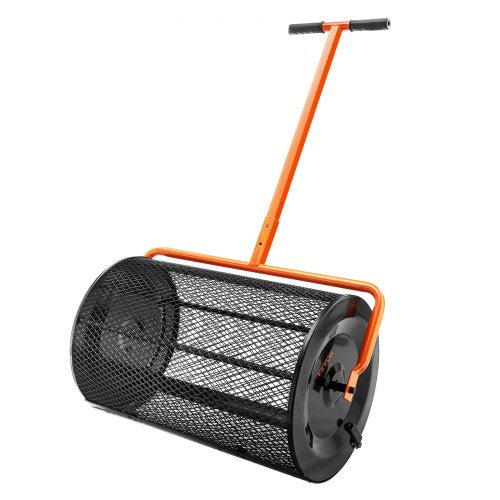 Compost Spreader, 24.4-25.6' Height Adjustable Handle, 24' Wide, Lawn and Garden Peat Moss Roller with Side Latches, Powder Coated Steel Mesh Basket for Spreading Manure, Topsoil, Black