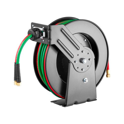 Retractable Welding Hose Reel, 1/4-Inch x 50FT Twin Oxygen Acetylene Rubber Hose Max 300PSI - R Grade, Ceiling/Wall Mount Heavy Duty Steel Hose Reel Auto-Rewind, Ideal for Workshops Garages