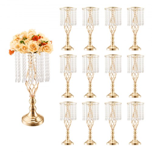 12PCS 49cm/19.3¡± Tall Crystal Wedding Flower Stand, Metal Wedding Centerpiece Vase, Gold Flower Holders Floral Display Rack for Tables Wedding Dinner Party, Ceremony Birthday Event Decor