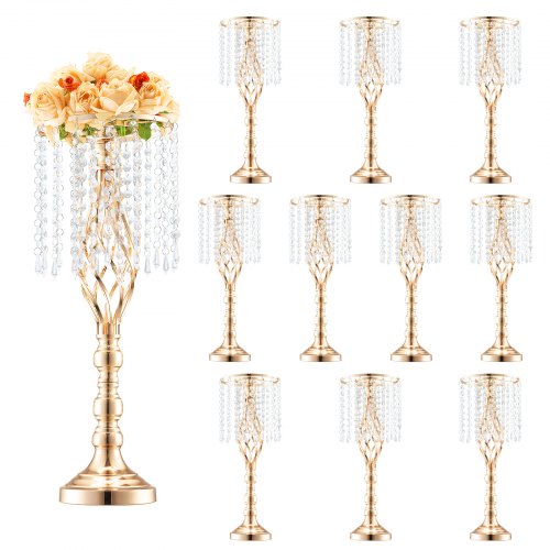 10PCS 55cm/21.65¡± Tall Crystal Wedding Flower Stand, Metal Wedding Centerpiece Vase, Gold Flower Holders Floral Display Rack for Tables Wedding Dinner Party, Ceremony Birthday Event Decor