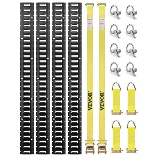 E Track Tie-Down Rail Kit, 18PCS 5' E-Tracks Set Includes 4 Steel Rails & 8 O-Ring Anchors & 4 Tie-Offs with D-Ring & 2 Ratchet Straps, Securing Accessories for Cargo Motorcycles Bikes, 2000 lbs