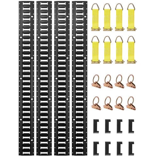 E Track Tie-Down Rail Kit, 30PCS 5FT E-Tracks Set Includes 4 Steel Rails & 2 Single Slot & 8 O Rings & 8 Tie-Offs with D-Ring & 8 End Caps, Securing Accessories for Cargo, Motorcycles, and Bikes