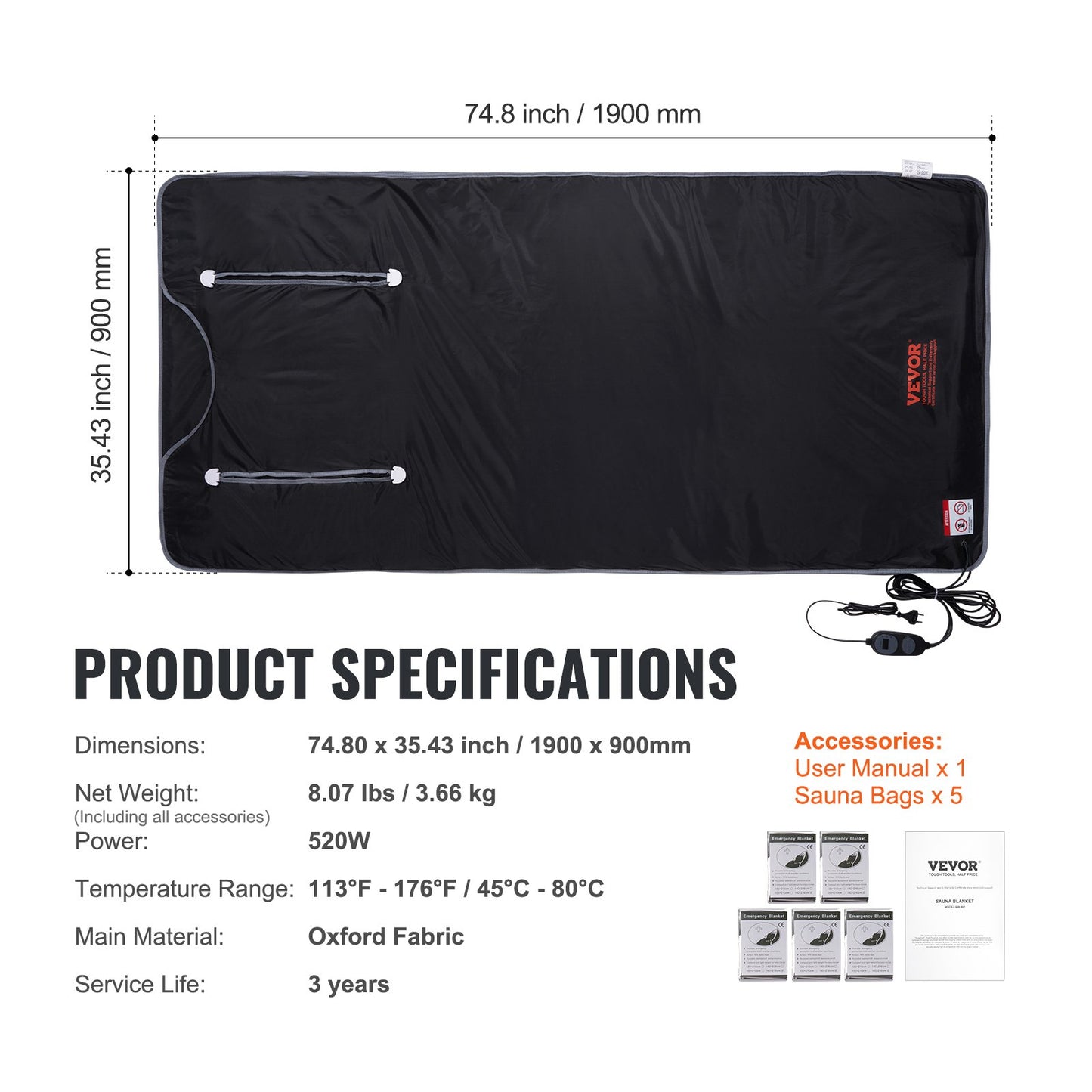 VEVOR Sauna Blanket for Detoxification, Portable Far Infrared Sauna for Home, Oxford Sauna Bag w/ Arm Holes & Carbon Fiber Heating, 1-6 Level Adjustable Temp 95-176¨H, 5-60 Minutes Timer, 75 x 35 in