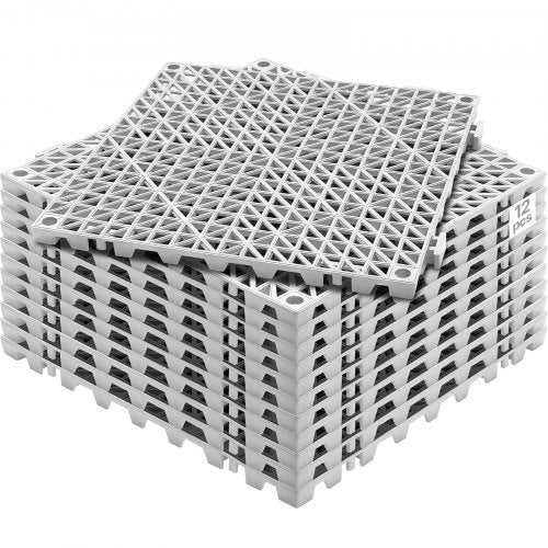 Modular Interlocking Cushion, 12 Pack 12' x 12' Splicing Drainage Mats, Soft PVC Interlocking Drainage Floor Tiles, Non-Slip Drainage Holes for Restroom, Bathroom, Kitchen, Pool, Wet Areas, Gray