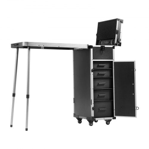 Professional Makeup Train Case Aluminum Cosmetic Case, Workbench With Supporting Legs, Rolling Makeup Case Extra Large Trolley Makeup Travel Organizer, with 360¡ã Swivel Wheels, Black