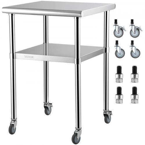 Mesa de preparaci¨®n de acero inoxidable, 24 x 24 x 36 pulgadas, capacidad de carga de 600 libras, mesa de trabajo de metal resistente con estante inferior ajustable y ruedas universales, estaci¨®