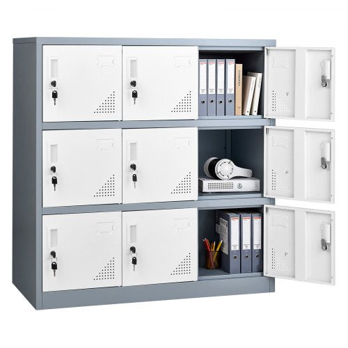 9 Doors Metal Locker, Lockable Steel Storage Cabinet, 66 lbs Loading Capacity, 2 Keys for Each Door, 3 Tiers Employee Lockers for Office, School, Gym, Easy Assembly, 35.4 x 17.7 x 37 in, Gray