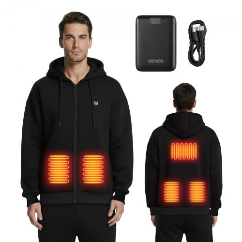 Heated Jacket Hoodie for Men Women, Heated Sweatshirt Unisex Full-Zip with 7.4V 16000mAh Power Bank Pack, 5 Heating Zones, 3 Temp Levels, 4-8H Warmth, for Winter Outdoor Camping, Black, XL Size