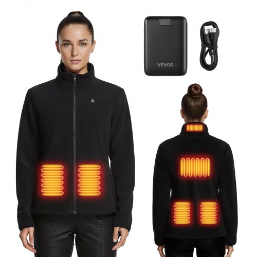 Heated Fleece Jacket for Women, Heated Sweatshirt with 7.4V 16000mAh Rechargeable Power Bank Pack, 6 Heating Zones, 3 Temp Levels, 3h/6h/10h Warmth, for Winter Outdoor Camping, Black, L Size