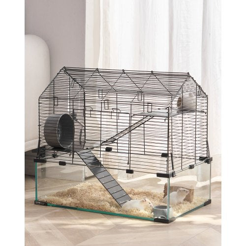 Hamster Cage, 360¡ã Viewing Transparent Hamster Habitats, Small Animal Cage, 22.8 x 15 x 21.3 in, Ventilated Pet Mouse Cages with Water Bottle, Portable Hamster House for Rats, Guinea Pigs