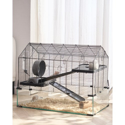 Hamster Cage, 360¡ã Viewing Transparent Hamster Habitats, Small Animal Cage, 29.5 x 17.3 x 24 in, Ventilated Pet Mouse Cages with Water Bottle, Portable Hamster House for Rats, Guinea Pigs