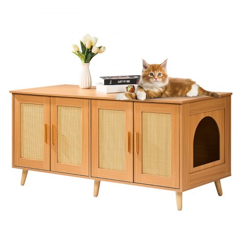 Cat Litter Box Enclosure for 2 Cats, Litter Box Furniture Hidden with Rattan Decorated Doors, Wooden Cat Box Cabinet Fit Most of Litter Box, 47.2'L x 19.7'W x 21.7'H, Natural
