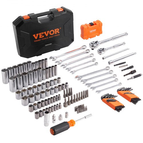 Mechanics Tool Set and Socket Set, 1/4' and 3/8' Drive Deep and Standard Sockets, 145 Pcs SAE and Metric Mechanic Tool Kit with Bits, Combination Wrench, Hex Wrenches, Accessories, Storage Case
