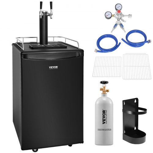 Beer Kegerator, Dual Tap Draft Beer Dispenser, Full Size Keg Refrigerator with CO2 Cylinder, Shelves, Drip Tray & Rail, 32¡ãF- 50¡ãF Temperature Control, Hold 1/6, 1/4, 1/2 Barrels, Black