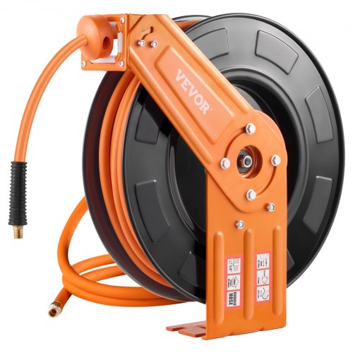 Retractable Air Hose Reel, 3/8IN x 100FT Rubber Air Hose Max 300PSI, Air Compressor Hose Reel Auto-Rewind with 5FT Lead in, Ceiling/Wall Mount Heavy Duty Single Arm Steel Reel, 1/4' NPT Fitting