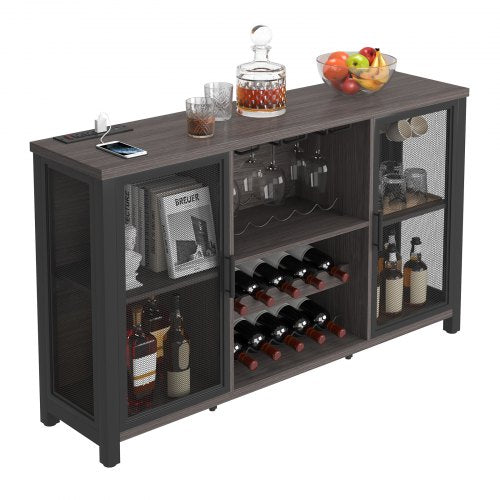 47 Inch Industrial Bar Cabinet, Wine Table for Liquor & Glasses, Sideboard Buffet Cabinet with Wine Rack, Freestanding Farmhouse Wood Coffee Bar Cabinet for Living Room, Home Bar, Kitchen