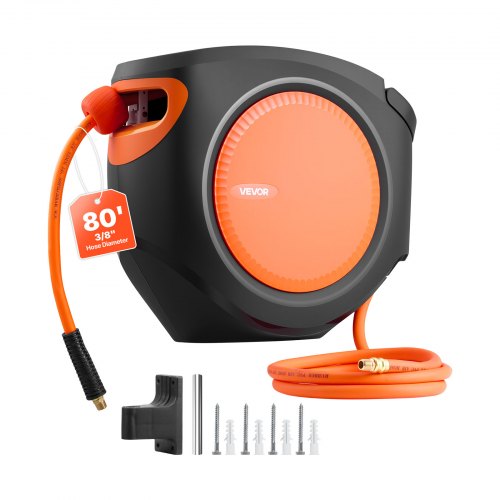 Retractable Air Hose Reel, 3/8 Inch x 80 FT Hybrid Air Hose Max 300PSI, Enclosed Air-Compressor Hoses Reel Auto Rewind with 6.6 ft Lead in, 180¡ã Swivel Ceiling/Wall Mount for Workshops