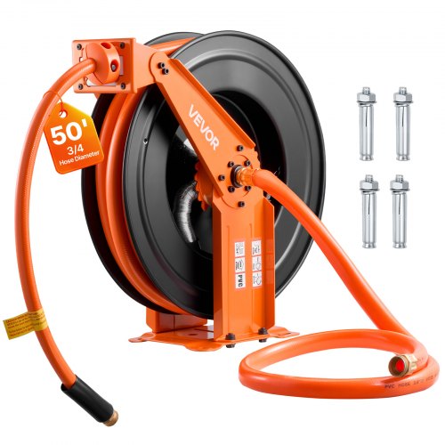 Retractable Air Hose Reel, 3/4 Inch x 50 FT PVC Air Hose Max 300PSI, Auto Rewind Air-Compressor Hoses Reel with 5 ft Lead in, Ceiling/Wall Mount Heavy Duty Steel Double Arm