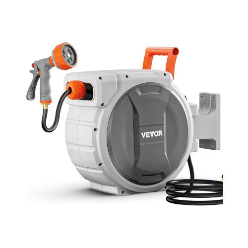 Retractable Garden Hose Reel, 1/2 Inch x 84 ft Wall Mounted Hose Reel, Heavy Duty Garden Hose Reel with 9 Patterns Nozzle, Any Length Lock, Upgraded Slow Return System and 180°Swivel Bracket