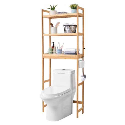 Over the Toilet Storage, 3-Tier Adjustable Over Toilet Bathroom Organizer, Bamboo Storage Shelf Rack with 3 Hooks, Freestanding Easy Assembly Laundry Space Saver, Fit Most Toilets
