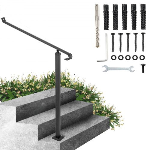 Handrails for Outdoor Steps 1-2 Step Railings Wrought Iron Handrail Stair Railings for Steps Black Iron Railings for Steps Wall and Floor Mounted with Installation Kit