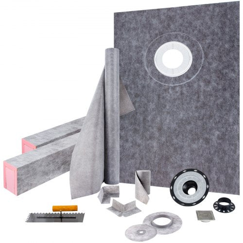 Shower Curb Kit 38\' x 60\' Watertight Shower Curb Overlay with 4\' PVC Offset Bonding Flange, 4\' Stainless Steel Grate, 2 Cuttable Shower Curb and Trowel, Shower Pan Slope Sticks Fit for Bathr