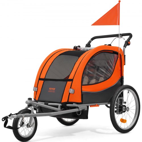 Bike Trailer for Toddlers, Kids, Double Seat, 100 lbs Load, 2-In-1 Canopy Carrier Converts to Stroller, Tow Behind Foldable Child Bicycle Trailer with Universal Bicycle Coupler, Orange and Gray
