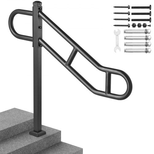 Single Post Handrail for Outdoor 1-3 Steps, 40.5' L x 35.4' H Metal Bent Stair Handrails, Floor Mounted Carbon Steel Stair Railing, U-Shaped Post Grab Rails with 2 Anti-Skid Crossbar for Garage