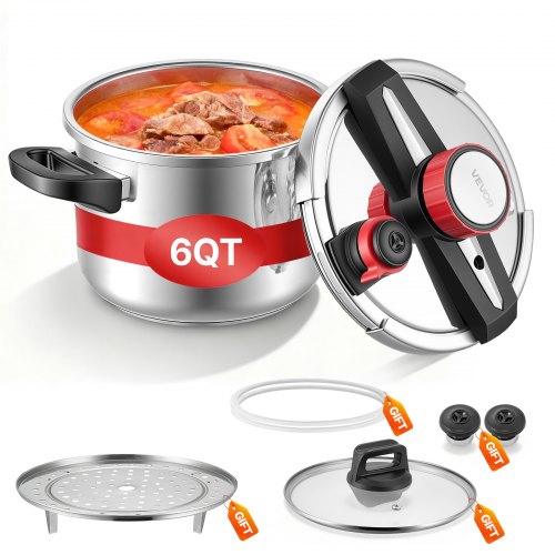 Pressure Cooker, 6.3Qt Pressure Cooker Stainless Steel, Pressures Canner with Steaming Rack, Tempered Glass Lid, Three Pressures Settings for Meat, Beans, Rice, Soup, Sauces, Cook up to 100 kPa