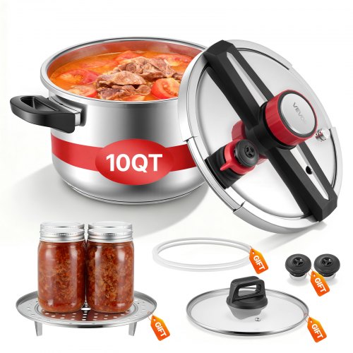 Pressure Cooker, 10Qt Pressure Cooker Stainless Steel, Pressures Canner with Steaming Rack, Tempered Glass Lid, Three Pressures Settings for Meat, Beans, Rice, Soup, Sauces, Cook up to 100 kPa