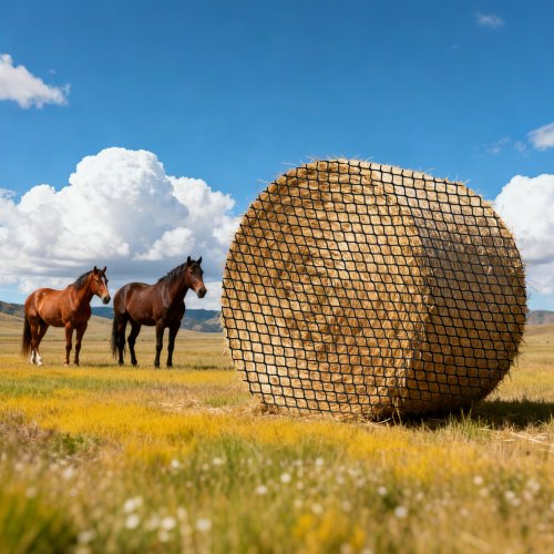 Round Bale Hay Net, 4.92 x 4.92 x 4.92 ft, 1.5 inch Holes, PE Material, Knotless Design, with Zip Ties, Needle Shuttle, Repair Twine and Storage Bag, Slow Feeder Round Bale Net for Horses