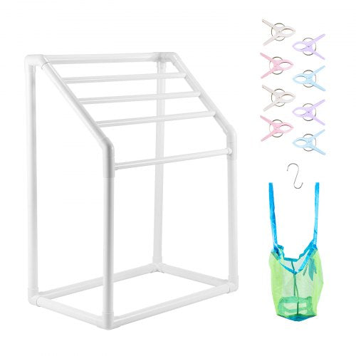 Towel Rack, 5 Bars Outdoor PVC Towel Holder, Freestanding Pool Towel Hanger Stand with Clips, Bag & Hook, Outdoor Indoor Quilt Drying Rack Organizer, Ideal for Poolside, Bathroom, Spa, White