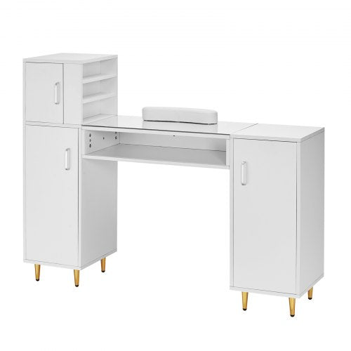 Manicure Table, Glass Top Nail Desk, Makeup Dressing Nail Station with Storage Cabinets, Acetone-Resistant Nail Tech Table for Beauty Salon Spa Workstation with 8 Metal Legs, Wrist Rest, White