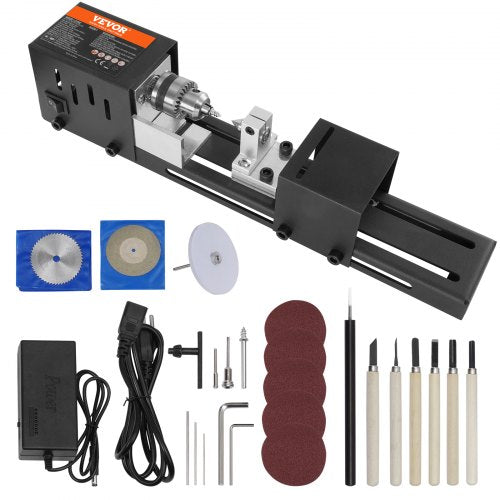 Compact Lathe Machine, Dimensions 2.76 x 6.3 inches, 24VDC 96W, Includes Milling Machine Accessories, Features 7 Adjustable Speeds Ranging from 4220 to 8450 RPM, Ideal for DIY Woodworking and