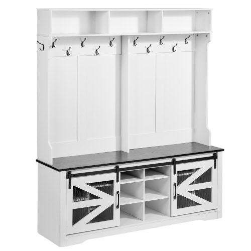 Hall Tree Entryway Bench, LED Coat Rack with Shoe Storage, 59' Wide Mudroom bench with Storage and Seating, Adjustable Shelves and 12 Hanging Hooks, for Mudroom, Entryway, Hallway