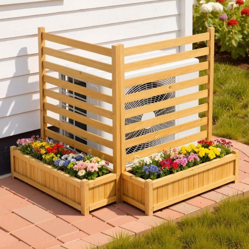 Wooden Privacy Fence, 36 x 45 inch Air Conditioner Fence, 2 Slatted Panel Solid Outdoor Wood Privacy Screen with 2 Planters, Metal Stakes, Trash Can Hider Fences Suitable for Garden, Pool