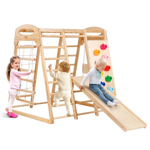 Indoor Jungle Gym, 7-in-1 Toddler Indoor Playground, Wooden Toddler Climbing Toys Indoor with Wood & Rope Ladder, Net Ladder, Swing, Monkey Bar, Slide, Climbing Wall, 47.2 x 58 x 56in