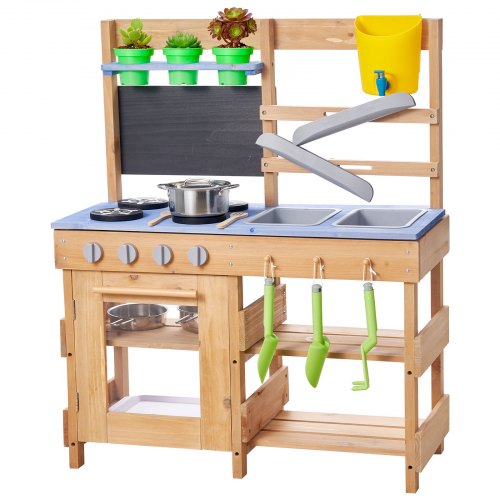 Mud Kitchen, Outdoor Mud Kitchen for Kids, Wood Outdoor Play Kitchens with Stoves, Hooks, Sinks, Planting Shovels, Spatulas, Handle, Cookware Pots and Accessories, Play with Water and Sand